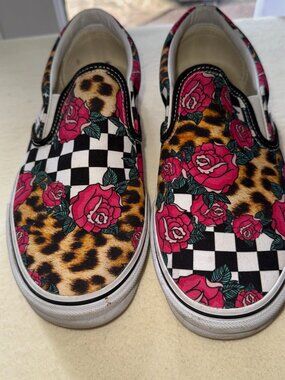 Vans Classic Slip-On Floral Rose Checkerboard Leopard Animal Print W 9.5 Men 8